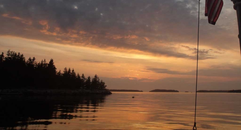 The sky appears in gentle colors above trees and a body of water. 